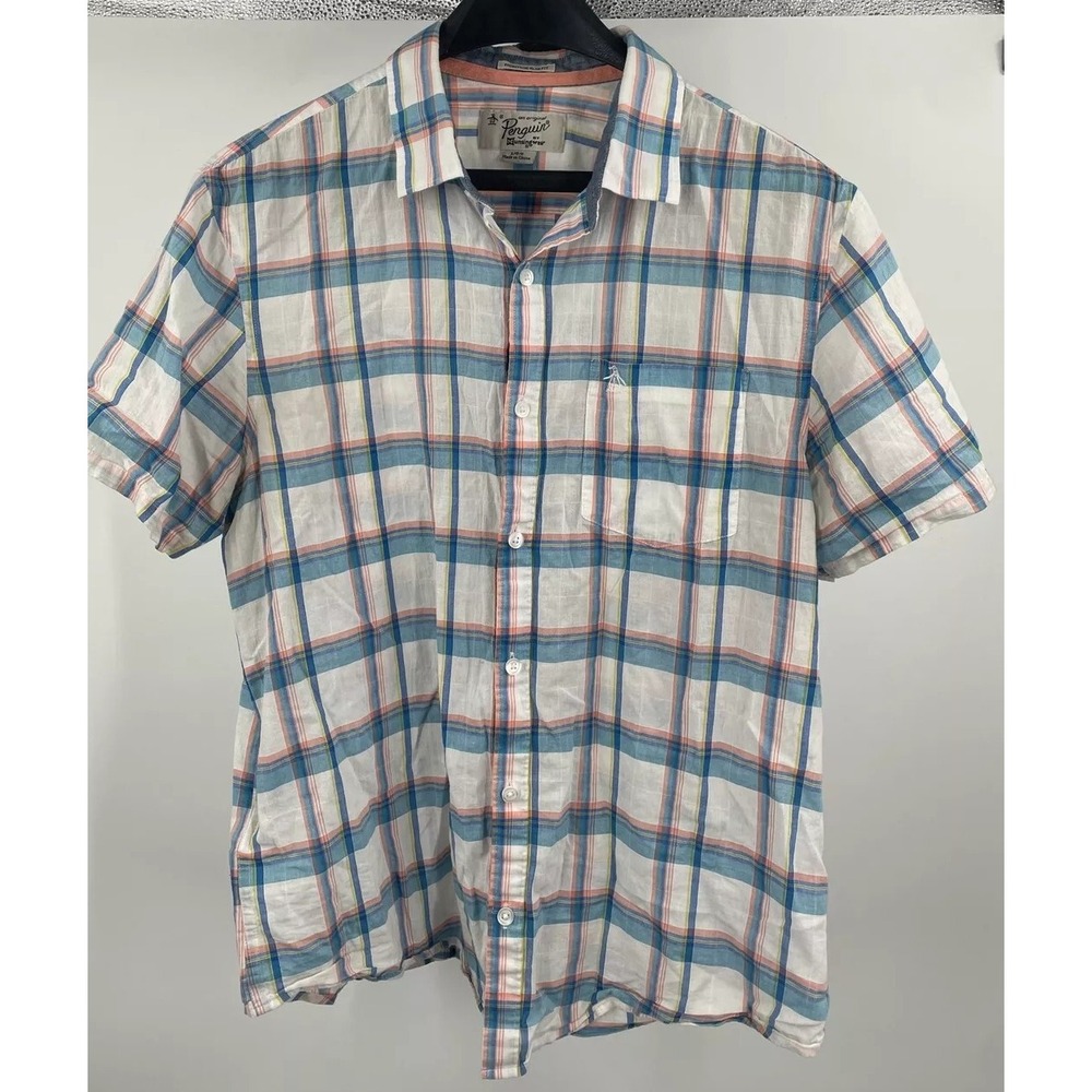 Original Penguin Munsingwear Plaid Short Sleeve Heritage Slim Fit Shirt Mens‎ L